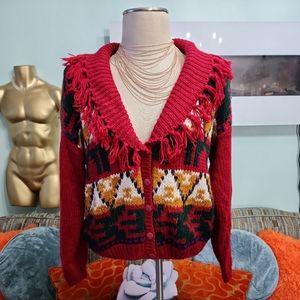 Vintage 1992 Carolina Colours Red Womens Large Geometric Fringe Cardigan Sweater